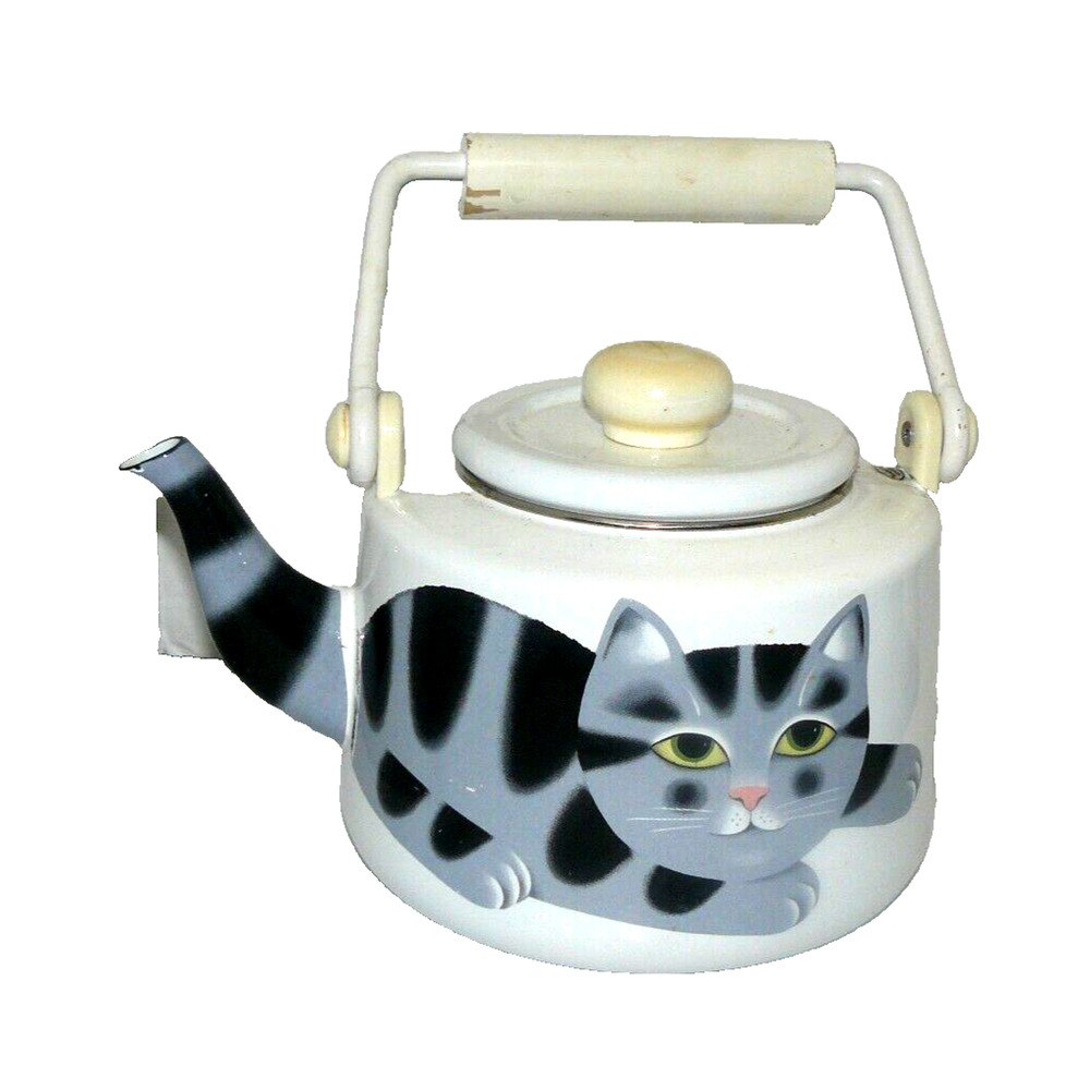 Vintage Signed Martin Leman White Enamel Teapot Tea Kettle Kitty Cat & Ball - Picture 7 of 9